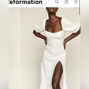 Reformation White Puff-Sleeve Midi Dress with High Leg Slit